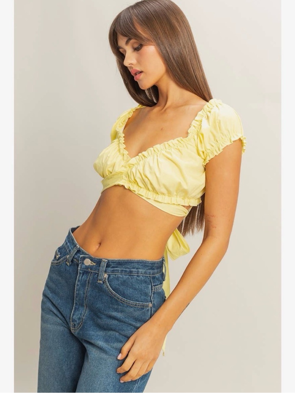 HYFVE Yellow Ruched Sweetheart Tie-Back Crop Top
